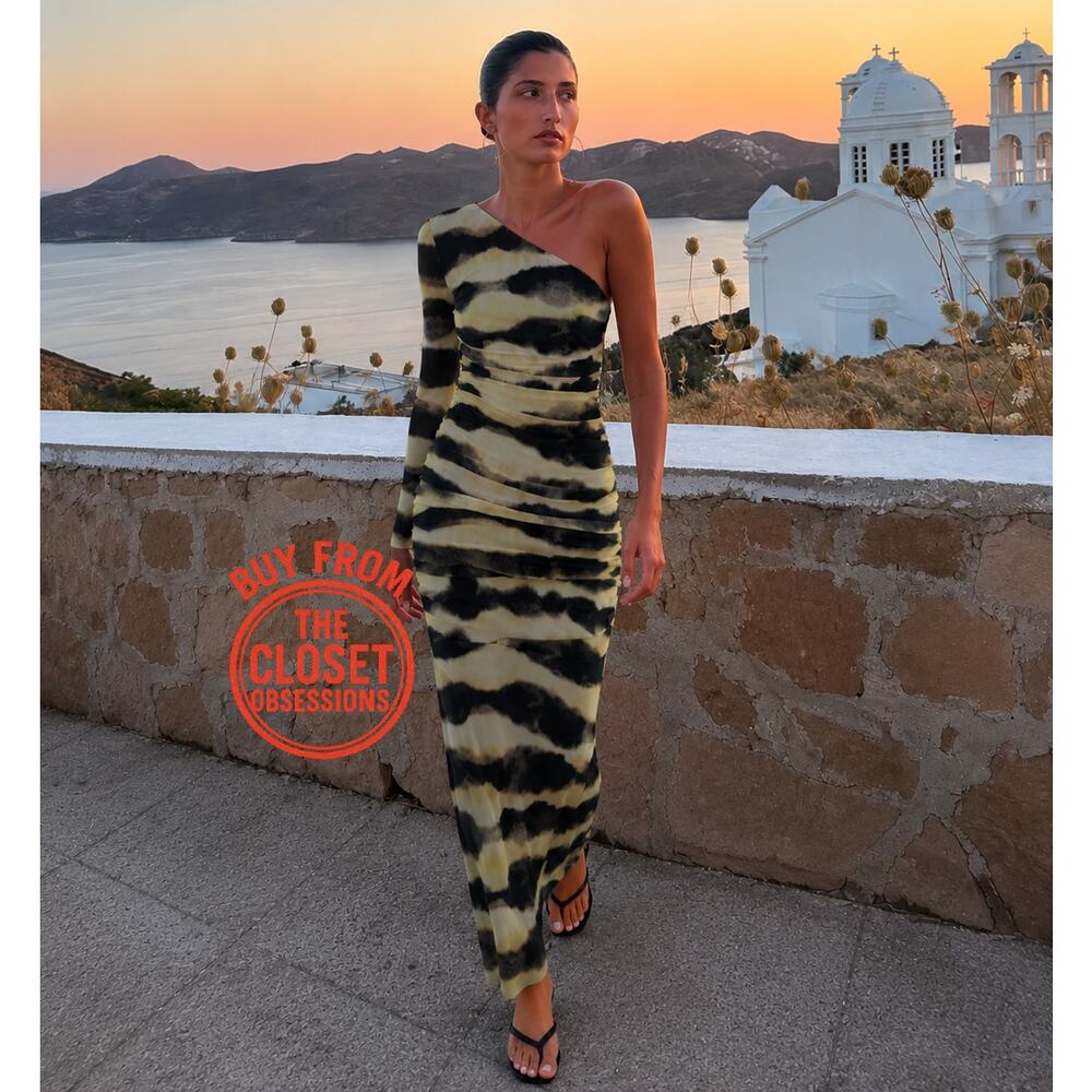 ZARA One Shoulder Tulle Midi Dress NWT Tiger Print Ruched Bodycon Dress M - Picture 7 of 16